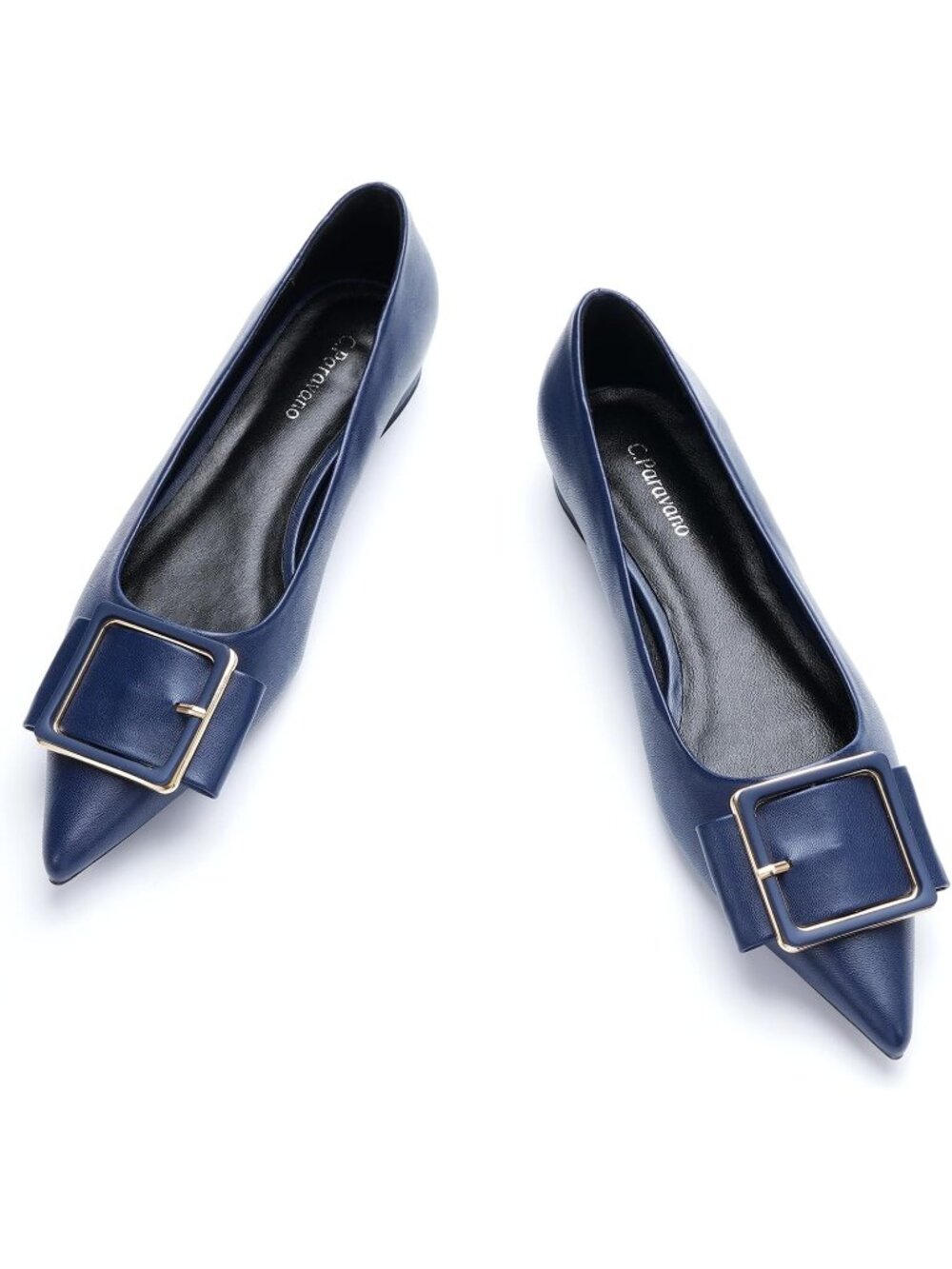 Women's Navy Pointed Toe Square Buckle Flats Elegant Leather Office Dress Shoes